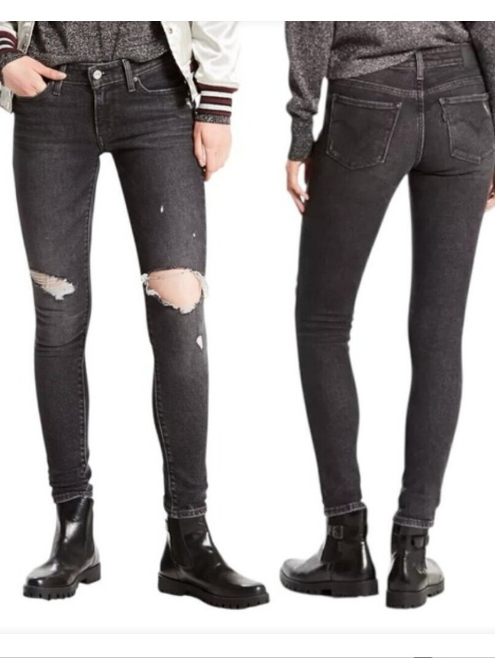 Levi’s 711 Skinny Black Ripped Denim Jeans Distressed - W30 / L30